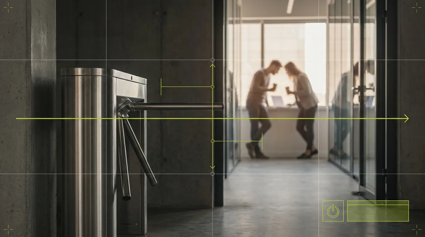 A polished turnstile blocks a brightly lit office where blurred figures casually interact.